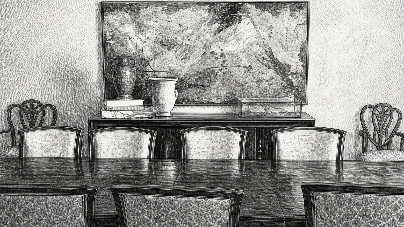 Engraved illustration of the Cassia boardroom