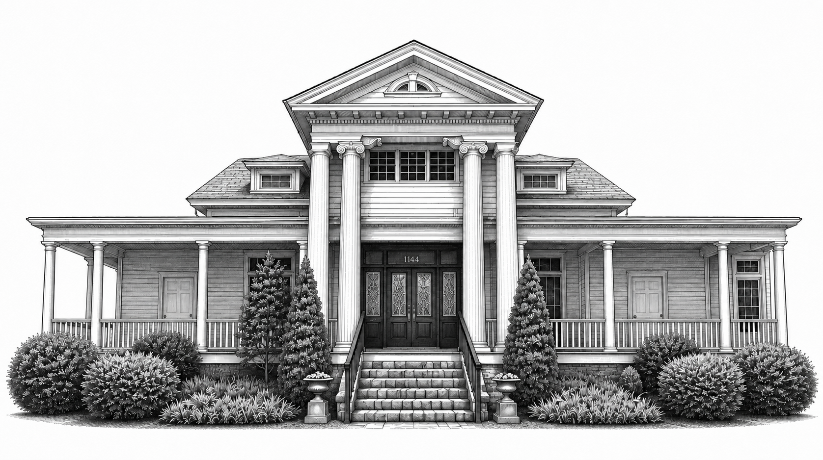Engraved illustration of the Cassia offices, a columned house at 1144 West Fourth Street