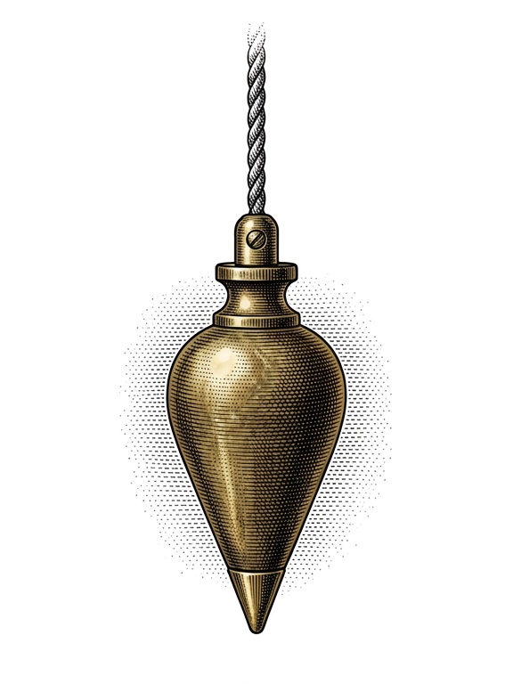 Engraved illustration of a brass plumb bob hanging from a cord