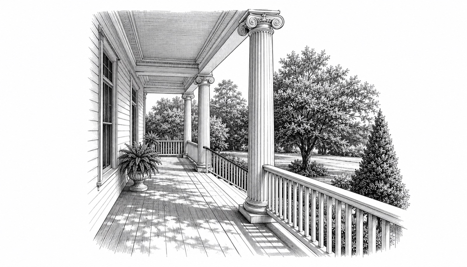 Engraved illustration of a deep Southern porch with a receding row of Ionic columns